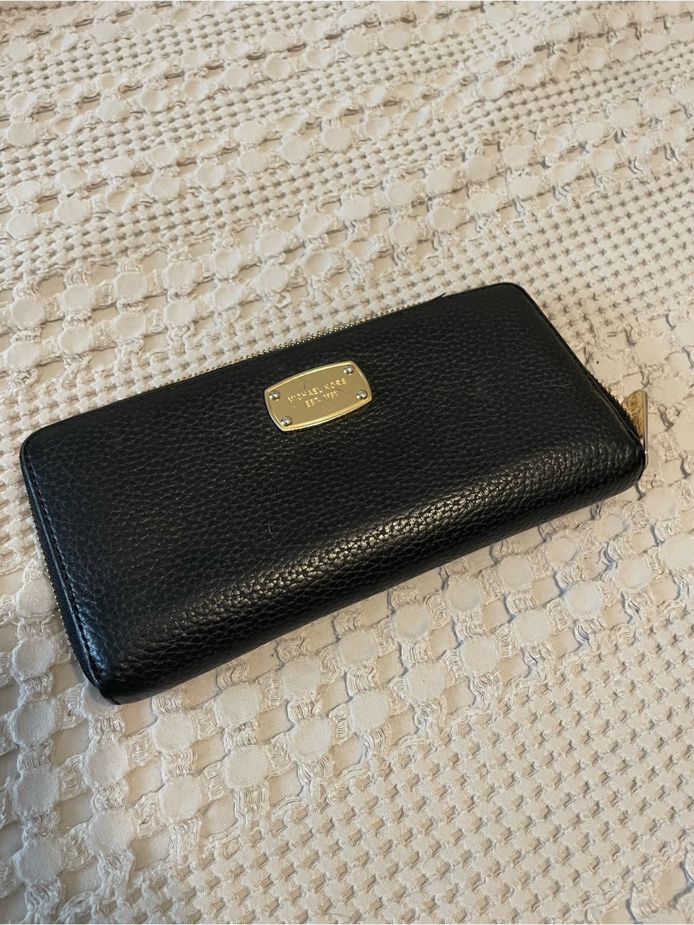 Michael Kors Black Pebbled Leather Zip Around Wallet with Gold Plaque